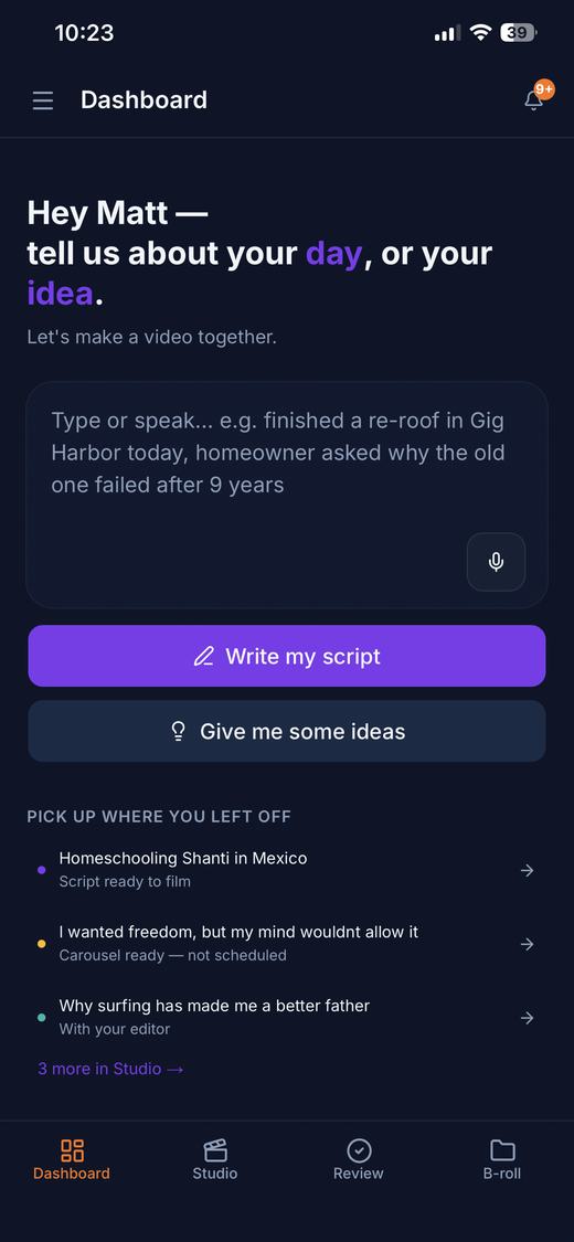 The Creator Mode app home screen: tell us about your day, or your idea